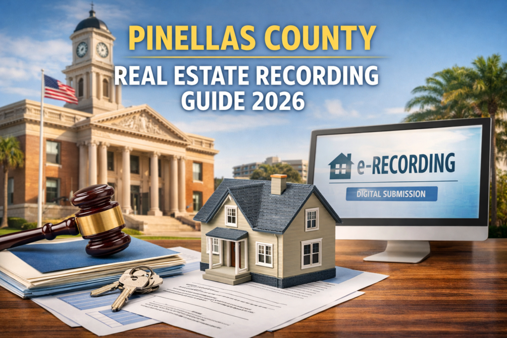 "A professional woman in a modern office using a laptop for Pinellas County official records search with a warranty deed and gavel on the desk, representing 2026 real estate recording services.