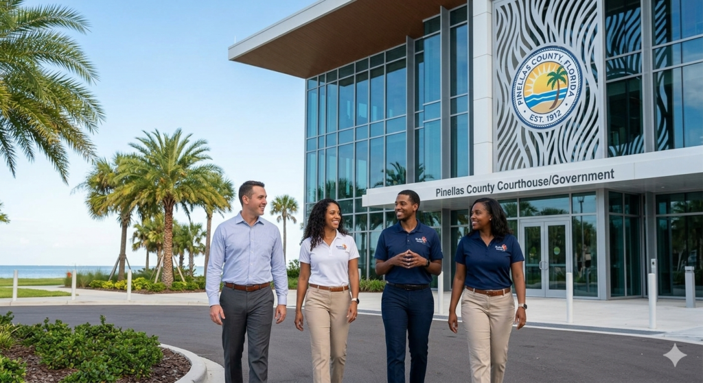 Digital dashboard showing Pinellas County Florida property parcel map, owner information lookup, and real estate valuation analytics.