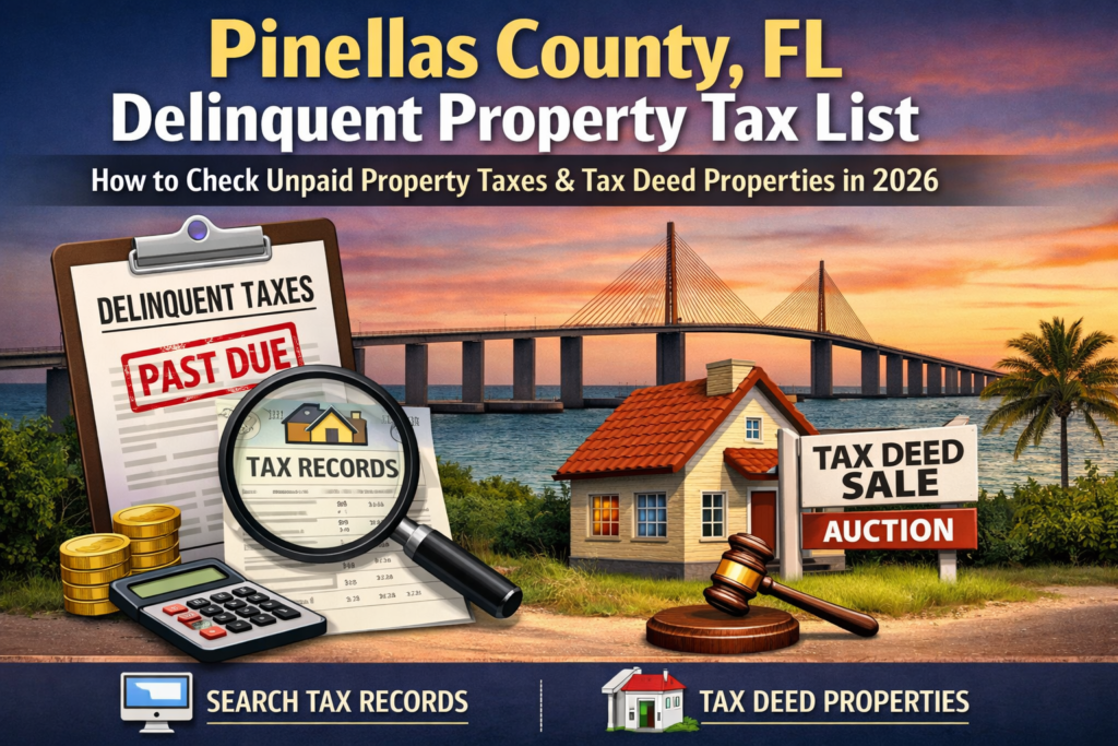 The Pinellas County Tax Collector website with a search bar for unpaid property taxes and parcel IDs.