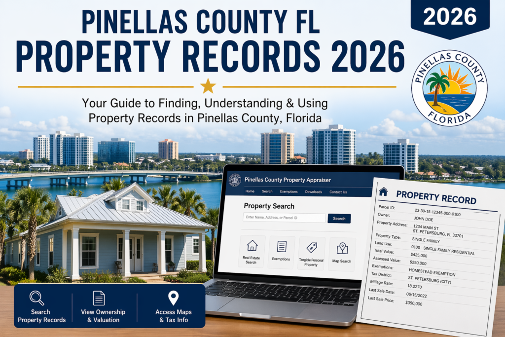 Pinellas County Florida property records 2026 showing property search system, home, laptop interface, and official record details for ownership, valuation, and tax information.