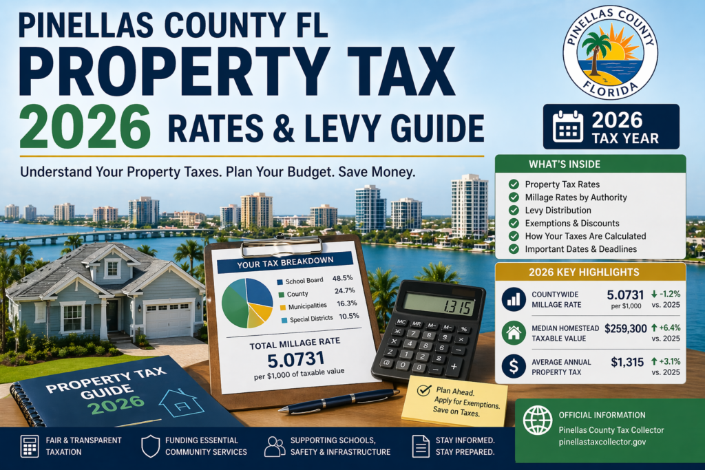 Pinellas County Florida property tax 2026 rates, millage breakdown, levy distribution, calculator, and tax highlights.