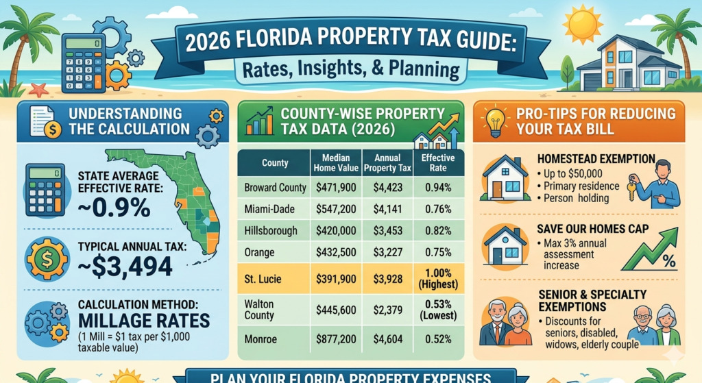 Florida property tax rates by county, including median home values, annual tax payments, and effective rates for counties like Miami-Dade, Broward, and Orange.