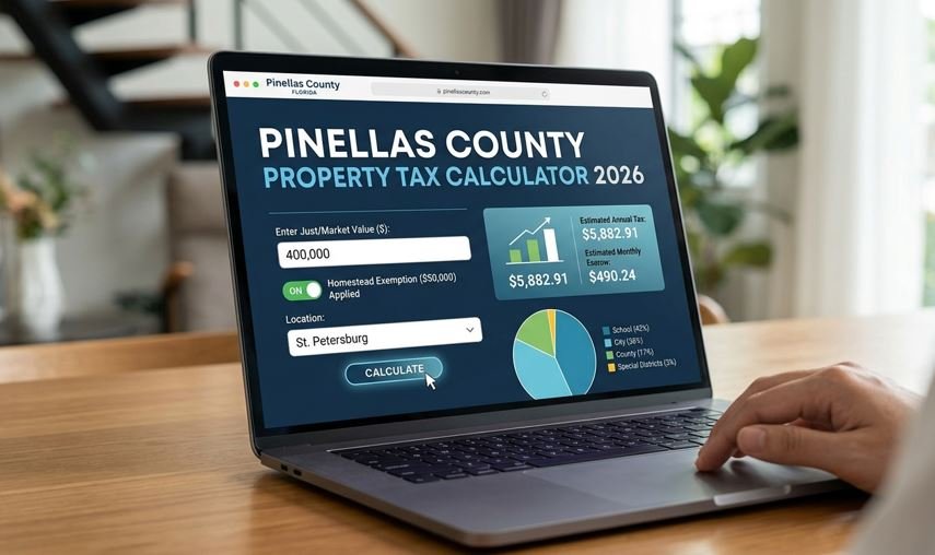 Pinellas County Florida property tax calculator interface with sample values for St. Petersburg
